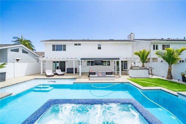 20191 Imperial Cove Ln, Huntington Beach, CA 92646 - view of pool featuring a fenced backyard, a pergola, a pool with connected hot tub, an outdoor living space, and a patio