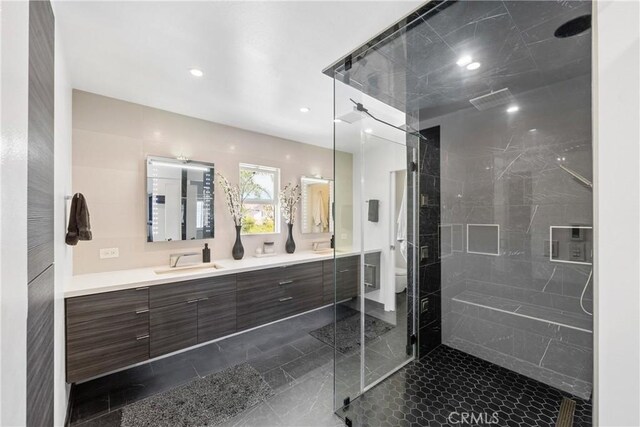 20191 Imperial Cove Ln, Huntington Beach, CA 92646 - full bath featuring a stall shower, vanity, toilet, and recessed lighting