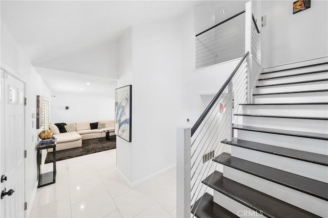 20191 Imperial Cove Ln, Huntington Beach, CA 92646 - stairs with recessed lighting, baseboards, and tile patterned flooring