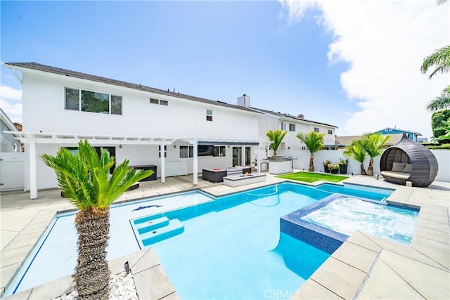 20191 Imperial Cove Ln, Huntington Beach, CA 92646 - view of pool with an outdoor hangout area, a fenced backyard, a pool with connected hot tub, a patio area, and a pergola