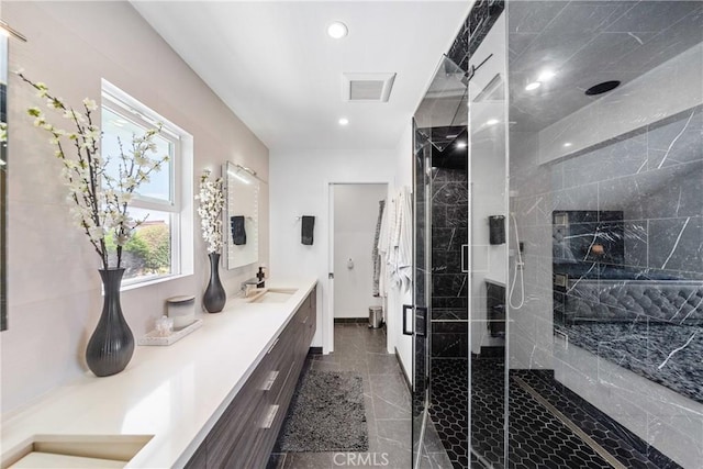 20191 Imperial Cove Ln, Huntington Beach, CA 92646 - bathroom with a shower stall, double vanity, recessed lighting, and granite floors