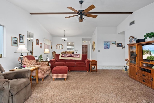 634 Via, Santa Paulo, Vista, CA 92081 - living room with a chandelier, a ceiling fan, and light colored carpet