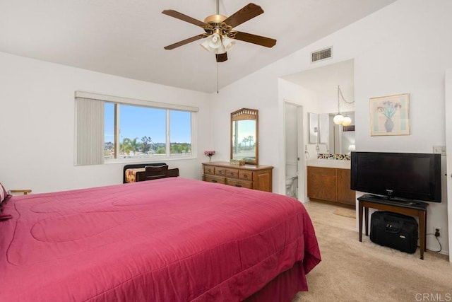 634 Via, Santa Paulo, Vista, CA 92081 - bedroom with lofted ceiling, light colored carpet, connected bathroom, and a ceiling fan