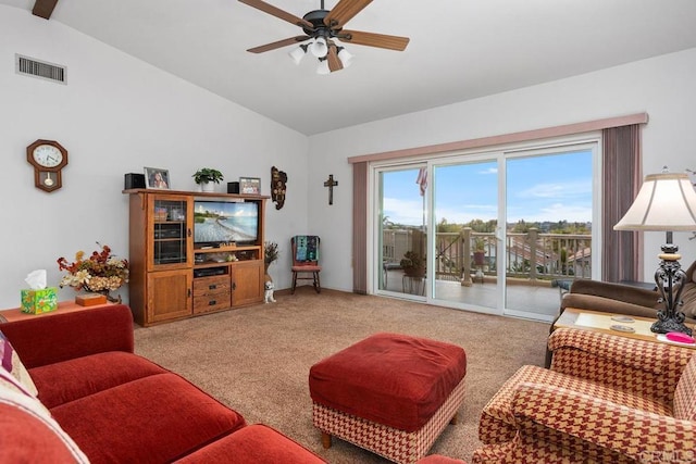 634 Via, Santa Paulo, Vista, CA 92081 - living area featuring vaulted ceiling, a ceiling fan, and carpet flooring