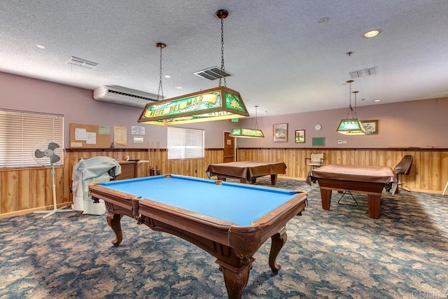 634 Via, Santa Paulo, Vista, CA 92081 - rec room with pool table, carpet, wainscoting, a wall mounted air conditioner, and a textured ceiling