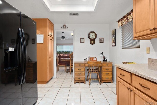 634 Via, Santa Paulo, Vista, CA 92081 - office area with a tray ceiling, a ceiling fan, light tile patterned floors, and crown molding