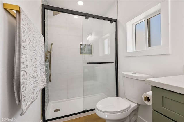 21408 Apollo Way, Desert Hot Springs, CA 92241 - full bathroom featuring toilet, a stall shower, vanity, and recessed lighting