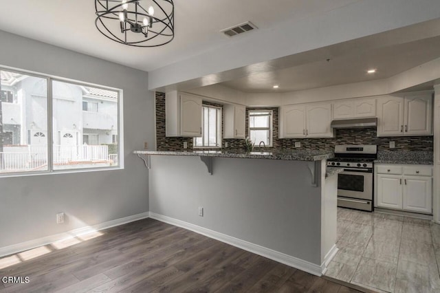 9216 Tobias Ave Unit 22, Panorama City, CA 91402 - kitchen featuring gas range, a breakfast bar, under cabinet range hood, and decorative backsplash