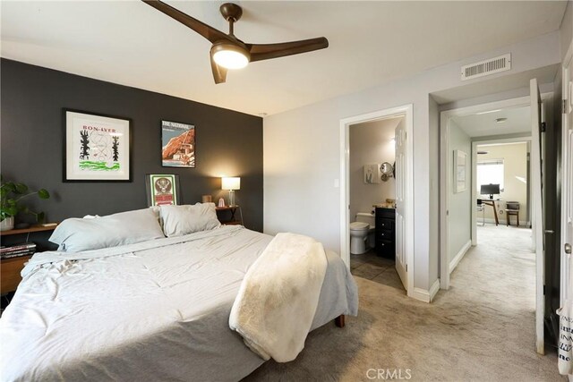 290 Victoria St Unit 19, Costa Mesa, CA 92627 - bedroom featuring light colored carpet, ensuite bath, ceiling fan, and baseboards