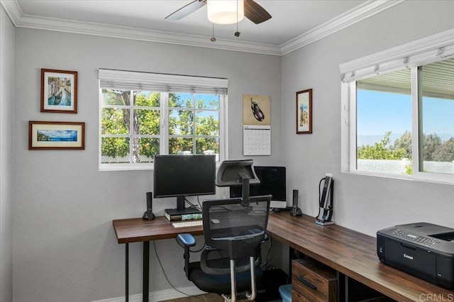 office area with plenty of natural light, crown molding, and a ceiling fan