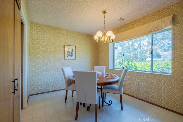 655 Fountain Springs Ln, Glendora, CA 91741 - dining space featuring a chandelier, wallpapered walls, a textured ceiling, baseboards, and light flooring