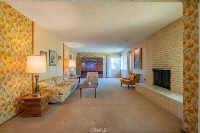 655 Fountain Springs Ln, Glendora, CA 91741 - carpeted living area featuring a fireplace, a textured ceiling, and wallpapered walls