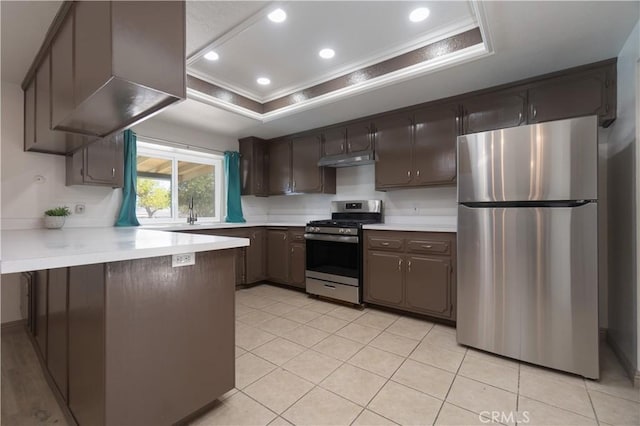 8140 Weirick Rd, Corona, CA 92883 - kitchen with appliances with stainless steel finishes, light countertops, under cabinet range hood, ornamental molding, and a peninsula