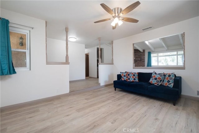 8140 Weirick Rd, Corona, CA 92883 - living area featuring light wood finished floors, ceiling fan, and baseboards