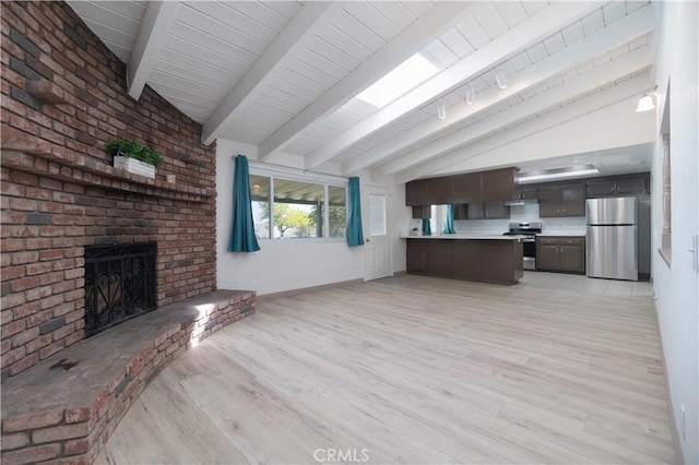 8140 Weirick Rd, Corona, CA 92883 - unfurnished living room featuring light wood-style floors, a brick fireplace, baseboards, and wood ceiling