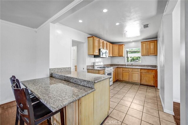 6225 Langdon Ave, Van Nuys, CA 91411 - kitchen featuring white gas range oven, stainless steel microwave, a peninsula, a sink, and a breakfast bar