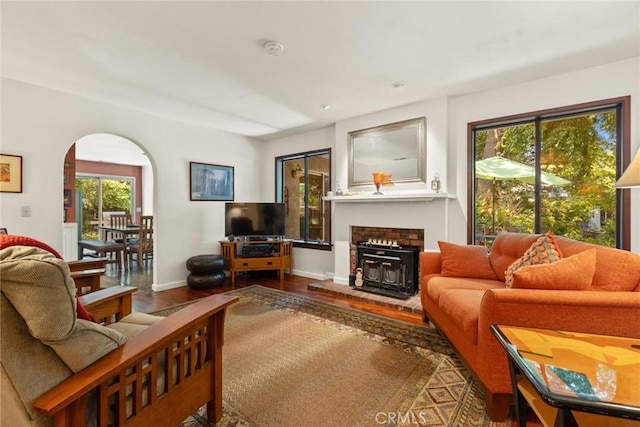 3123 Michael Way, Chico, CA 95973 - living area featuring arched walkways, wood finished floors, and a fireplace