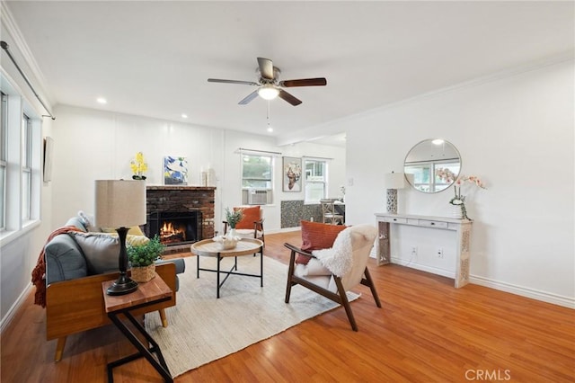 10708 Sable Ave, Sunland, CA 91040 - living room featuring light wood-type flooring, ceiling fan, a fireplace, baseboards, and recessed lighting