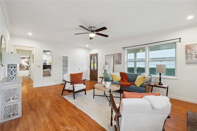 10708 Sable Ave, Sunland, CA 91040 - living room featuring ornamental molding, a ceiling fan, recessed lighting, light wood-style floors, and baseboards