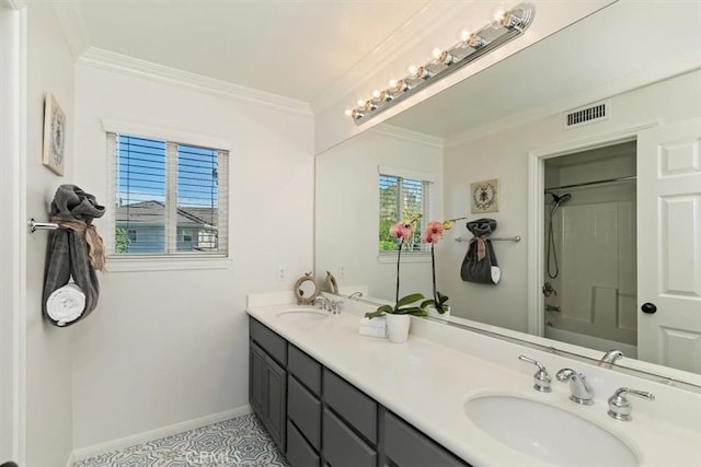 full bath featuring ornamental molding, double vanity, shower / tub combination, and baseboards