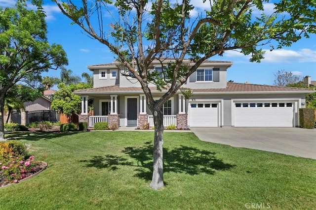 view of front of home featuring driveway, covered porch, an attached garage, and stucco siding