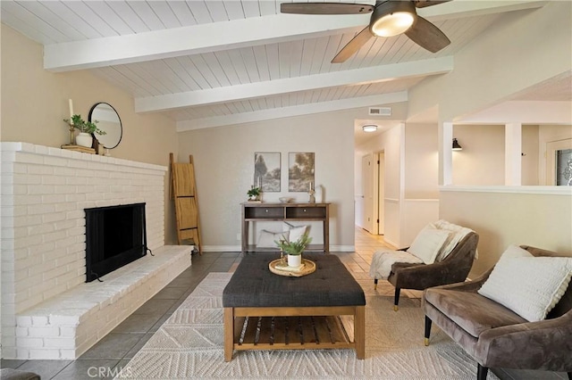20 Parkhurst St, Chico, CA 95928 - living room featuring tile patterned floors, wood ceiling, a ceiling fan, and a fireplace