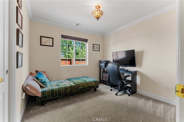 carpeted office featuring crown molding and baseboards