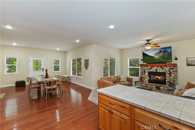 28589 Shenandoah Dr, Lake Arrowhead, CA 92352 - kitchen with open floor plan, dark wood-type flooring, baseboards, plenty of natural light, and recessed lighting