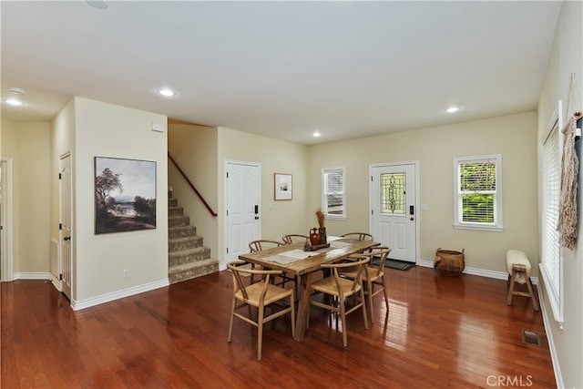 28589 Shenandoah Dr, Lake Arrowhead, CA 92352 - dining space with dark wood finished floors, stairway, recessed lighting, and baseboards