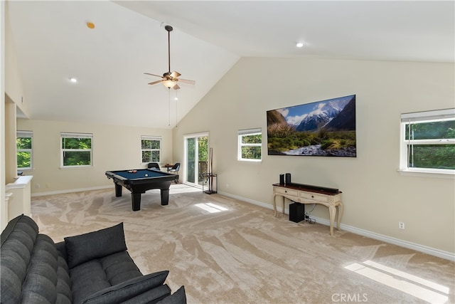 28589 Shenandoah Dr, Lake Arrowhead, CA 92352 - game room with billiards table, light carpet, high vaulted ceiling, baseboards, and a ceiling fan