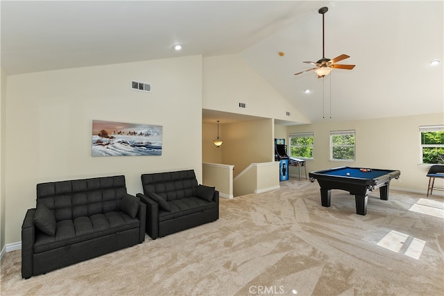 28589 Shenandoah Dr, Lake Arrowhead, CA 92352 - playroom with billiards, baseboards, carpet floors, a ceiling fan, and high vaulted ceiling