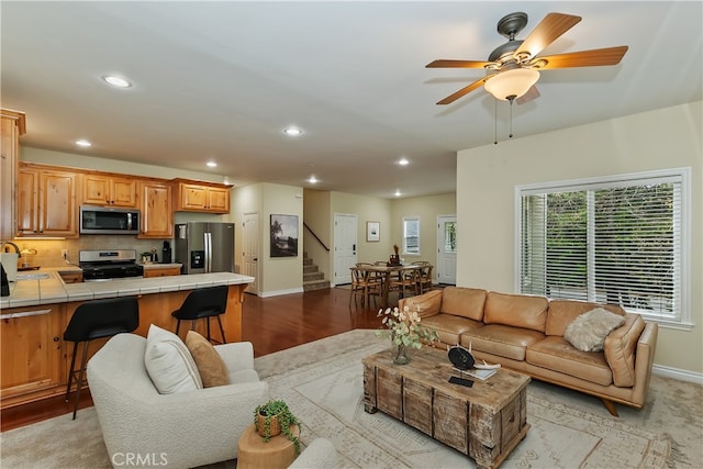 28589 Shenandoah Dr, Lake Arrowhead, CA 92352 - living room featuring stairway, recessed lighting, baseboards, and a ceiling fan
