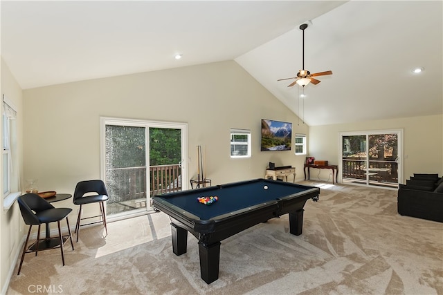 28589 Shenandoah Dr, Lake Arrowhead, CA 92352 - playroom featuring ceiling fan, billiards table, high vaulted ceiling, and light carpet