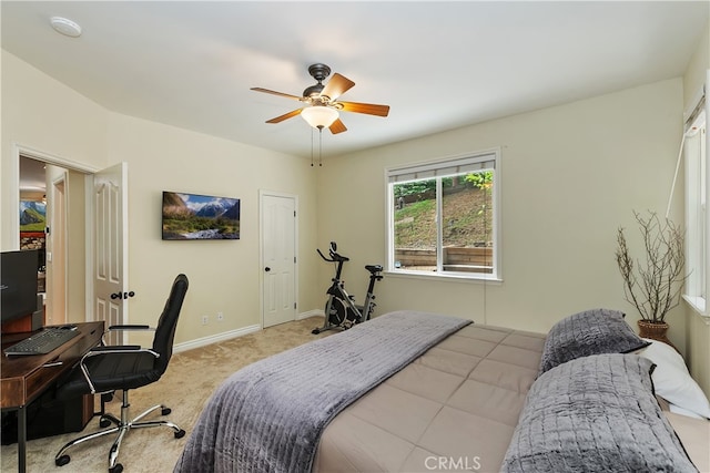 28589 Shenandoah Dr, Lake Arrowhead, CA 92352 - carpeted bedroom featuring a desk, baseboards, and a ceiling fan