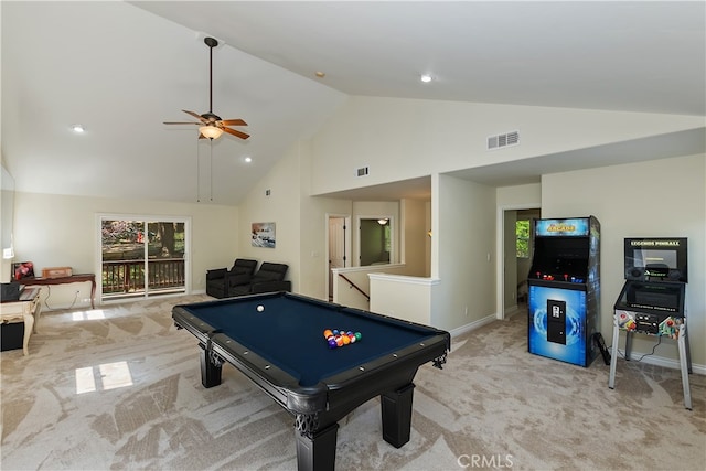 28589 Shenandoah Dr, Lake Arrowhead, CA 92352 - playroom with high vaulted ceiling, light carpet, ceiling fan, billiards, and baseboards