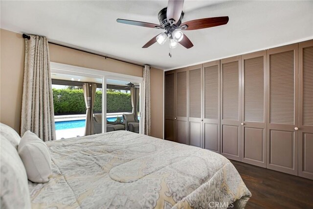 1298 Oak Ridge Dr, La Verne, CA 91750 - bedroom featuring access to exterior, dark wood-type flooring, and a ceiling fan