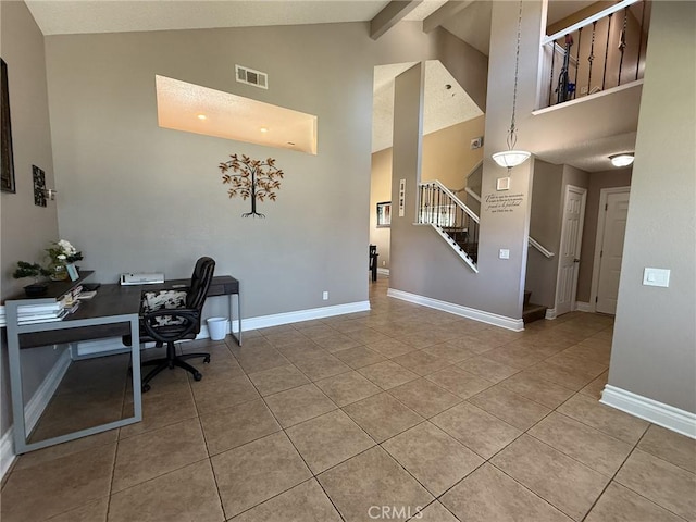 26490 Mapleridge Way, Moreno Valley, CA 92555 - office space featuring high vaulted ceiling, light tile patterned floors, beamed ceiling, and baseboards