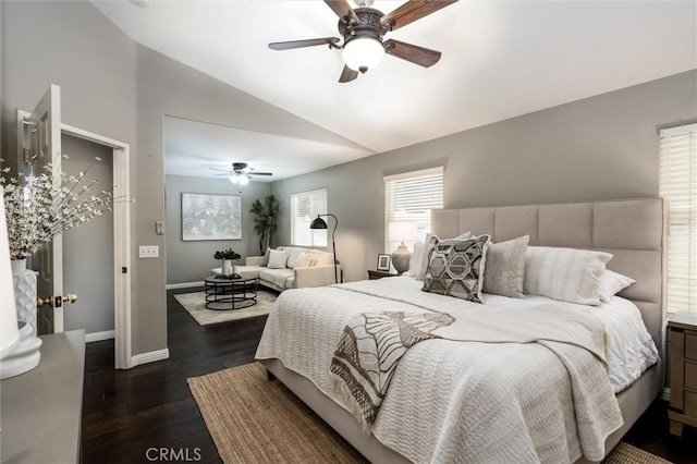 27917 Busman Rd, Murrieta, CA 92563 - bedroom with lofted ceiling, dark wood finished floors, and a ceiling fan