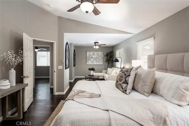 27917 Busman Rd, Murrieta, CA 92563 - bedroom with lofted ceiling, dark wood-style flooring, and a ceiling fan
