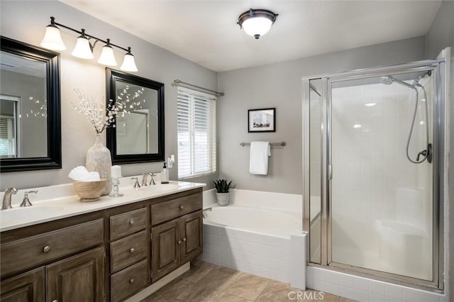 27917 Busman Rd, Murrieta, CA 92563 - bathroom featuring a shower stall, a garden tub, and double vanity