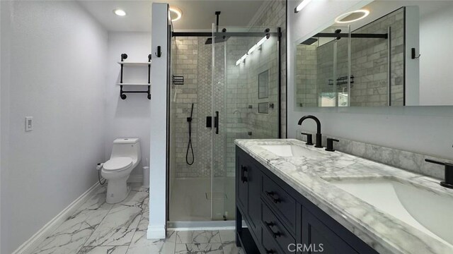 27533 Caraway Ln, Saugus, CA 91350 - full bath featuring marble finish floors, double vanity, a shower stall, and recessed lighting