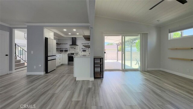 27533 Caraway Ln, Saugus, CA 91350 - kitchen featuring wall chimney range hood, stainless steel appliances, open shelves, light countertops, and a ceiling fan