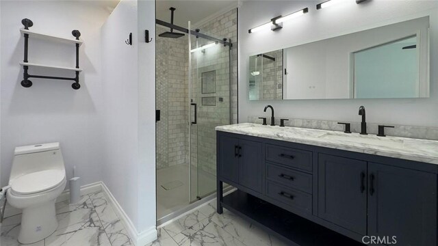 27533 Caraway Ln, Saugus, CA 91350 - bathroom with marble finish floors, double vanity, and a stall shower