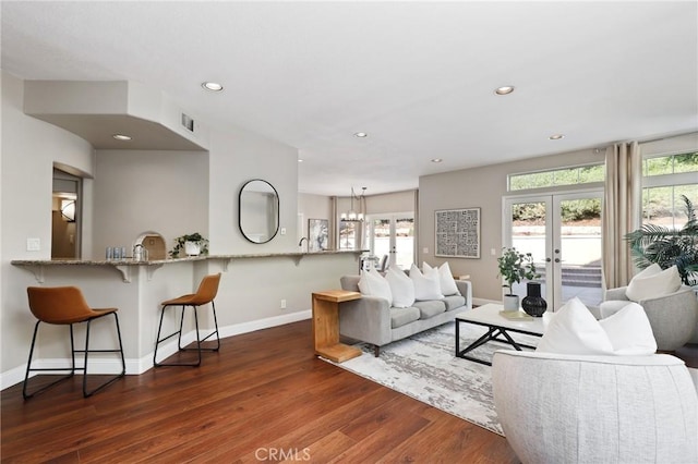 26752 Devonshire Rd, Laguna Hills, CA 92653 - living area featuring dark wood-type flooring, plenty of natural light, baseboards, french doors, and recessed lighting