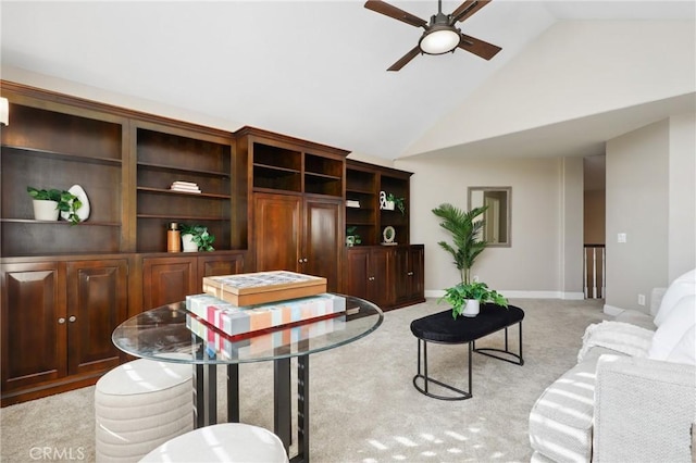 26752 Devonshire Rd, Laguna Hills, CA 92653 - living room featuring a ceiling fan, high vaulted ceiling, and light colored carpet