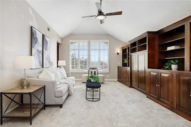 26752 Devonshire Rd, Laguna Hills, CA 92653 - sitting room featuring ceiling fan, lofted ceiling, light carpet, and baseboards
