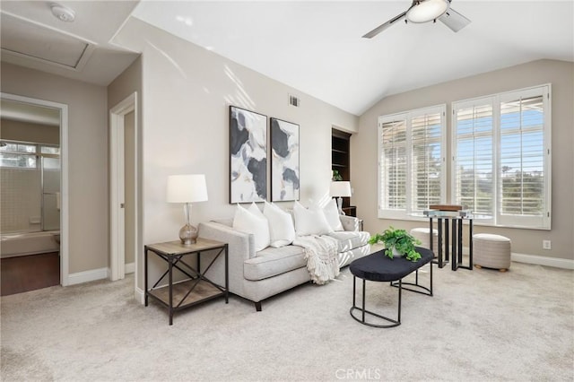 26752 Devonshire Rd, Laguna Hills, CA 92653 - carpeted living room featuring ceiling fan, baseboards, and vaulted ceiling