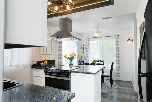 2157 Arnold Way Unit 821, Alpine, CA 91901 - kitchen featuring range hood, black appliances, white cabinets, a peninsula, and dark wood-style flooring