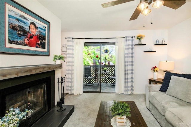 2157 Arnold Way Unit 821, Alpine, CA 91901 - living room featuring carpet, a ceiling fan, and a tiled fireplace