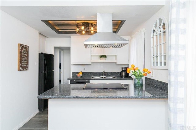 2157 Arnold Way Unit 821, Alpine, CA 91901 - kitchen with island range hood, a sink, open shelves, freestanding refrigerator, and white cabinetry